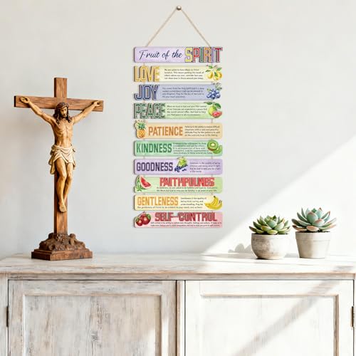 Image of HPNIUB Scripture Fruits Spirit Wall Decor, Bible Verse Funny Kitchen Wooden Sign, Colorful Religious Inspirational Quote Wall Hanging Plaque for Classroom Sunday School Church Dining Room Decoration