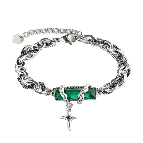 CCAIPU Black Diamond Star Bracelet for Men Women, Titanium Steel Chain Bracelets, Silver Cuban Link Chain Bracelet Gothic Jewelry Accessories (Green)