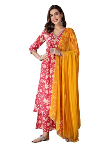 Image of Stylum Women's Floral Printed Cotton Pleated Kurta Palazzo Dupatta Set