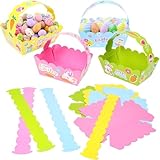 DERAYEE 12PCS Paniers de Pâques en Papier avec 9 PCS Paque Autocollant,Décoration de Pâques,Panier de Paques a Fabriquer Kit Activité Paques