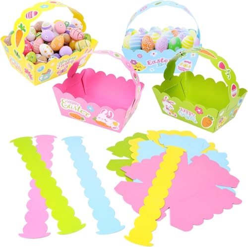 DERAYEE 12PCS Paniers de Pâques en Papier avec 9 PCS Paque Autocollant,Décoration de Pâques,Panier de Paques a Fabriquer Kit Activité Paques