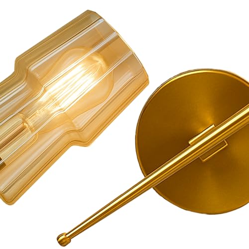Image of SINOMAN Modern Golden Wall Lamp Amber Glass Shade Stylish Metal Body Decorative Indoor Sconce Lighting Fixture Wall Light Fixture for Living Room, Staircase, Bedroom and Home Decor (with Bulb)