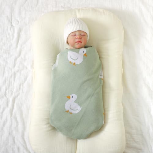 Image of mimixiong Baby Blanket Knit Receiving Boys Girls Blanket Soft Cotton Neutral Blanke for Swaddle Crib Stroller with Cute Sheep (Sage Green-Duck, 30x40 Inch (Pack of 1))