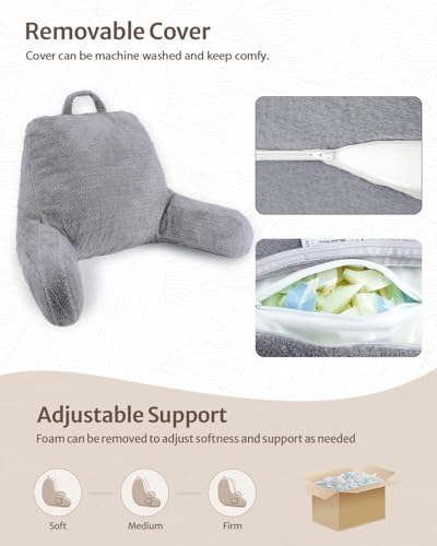 Image of Blissful Diary Plush Velvet Reading Pillow for Kids /Teens /Adults, Back Rest Pillow for Sitting Up in Bed with Shredded Memory Foam, Includes Arms and Washable Cover, Light Gray
