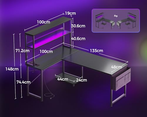 Coleshome Gaming Tisch L Form mit LED & Steckdosen, 135 × 100 cm Reversibel Gaming Schreibtisch mit Ablageregalen, Eckschreibtisch mit Aufbewahrungstasche für Homeoffice und Gaming, Schwarz
