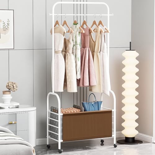 Image of Lukzer | MGR-009 | White | Metal Clothes Rail Stand with 360 Rotating Wheels & Leather Storage Bin - 4 Hook Metal Garment Rack Organizer for Closet, Laundry Room, Bedroom & Dorm | 171 x 75 x 35 cm
