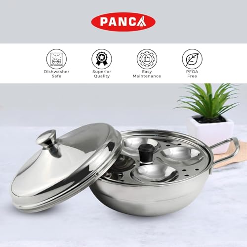 Image of PANCA Stainless Steel Multi Purpose Kadai with Steel Lid, Idli Maker 2 Idli Plate 8 Cavity Idli Cooker Stainless Steel Idly Pot with Steamer (2 Plate 8 Cavity)