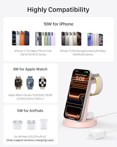 Image of Anlmz 3 in 1 Charging Station for iPhone, Wireless Charger for iPhone 17 16e 16 15 14 13 12 11 X Pro Max & Apple Watch - Charging Stand Dock for AirPods (Pink)