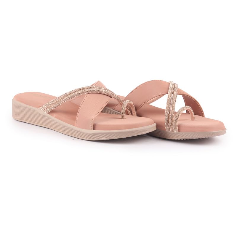 Image of FAUSTO Women Embellished Shimmery Cross Strap Toe Ring Wedding Slip On Slippers | Soft Cushioned Footbed Wedge Sandals | Party, Mehndi, Festive