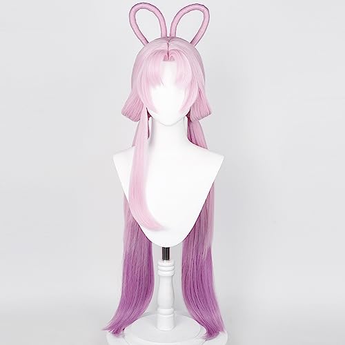 Image of Chinese Ancient Style Wig Anime Pink Purple Gradient Wigs Women Long Straight Wig with Ponytail Bangs Buns COS Game Cosplay Wigs Halloween,Christmas,Comic con,Game Show,Party
