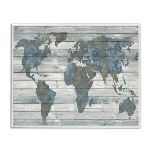 Slate Blue Tan World Map, 16 x 20 Inch Framed Giclée Print