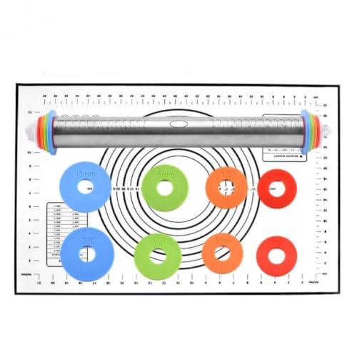Rolling Pin and Silicone Baking Pastry Mat Set, Stainless Steel Dough Roller with Adjustable Thickness Rings, for Pizza, Pie, Pastries, Pasta, Cookies (Black)