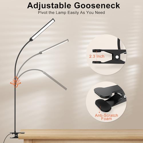 Mojimdo Lampy biurkowe do biura, domu, 3 kolory i 10 jasności Ściemnialna lampa do czytania, elastyczna gęsia szyja o długości 70 cm, dbająca o oczy lampka z adapterem do czytania, stół warsztatowy