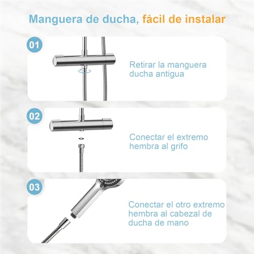 Miniatura 5 de Offo Manguera Ducha 1.6m, Flexo Ducha Con Protección Antitorsión, Manguera De Ducha De Acero Inoxidable, Conexión Estándar G1 2 , Cable Ducha Universal Y Flexible, Para Grifería De Baño, Plata