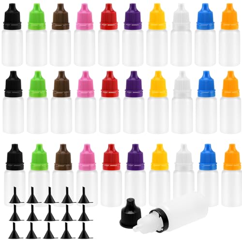 MAKTSAM 220 botellas cuentagotas vacías de 10 ml, tapa de 10 colores, botellas transparentes exprimibles con embudos, mini botellas de plástico con tapa giratoria para llenar disolventes, esencia,