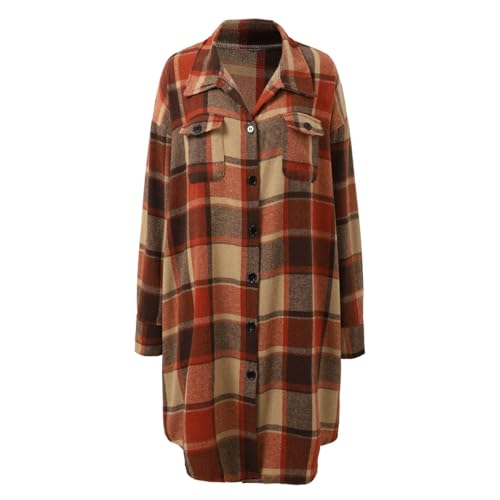 XINGJIAARTS Fall Jackets For Women Trendy Plaid Shacket Long Flannel Shirt Jacket Lapel Button Down Cardigan with Pockets Brick Red Medium - image 3