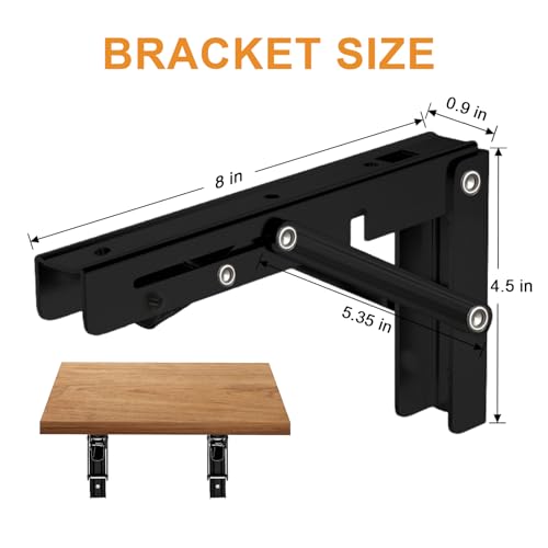 Image of Storystore Folding Shelf Brackets - 8 Inch Heavy Duty Metal Collapsible Shelf Bracket for Bench Table, Shelf Hinge Wall Mounted Space Saving DIY Bracket, Max Load: 150 lb (2 PCS, Black)