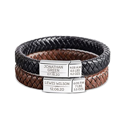 Baby Stats Bracelet For New Dad, Leather Bracelet For Dad With Kids' Name, First Father's Day Gift, Kid's Name And Birthday Leather Bracelet For Men