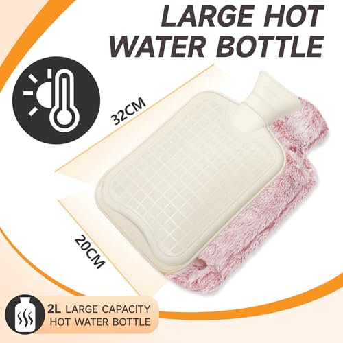 Wärmflasche mit Weichem Bezug, 2L Groß Auslaufsicher Wärmflaschen mit Känguru-Tasche, Naturkautschuk+Bettflasche Flauschig, Wärmflasche lange warm
