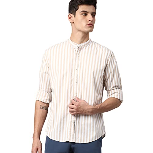 Dennis Lingo Men’s Slim Fit Striped Beige1 Casual Shirt