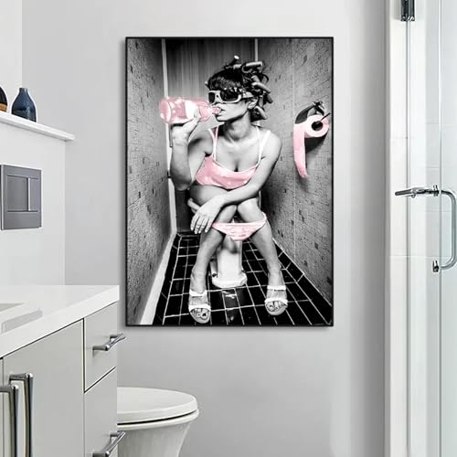LZJAGXX Pink Fashion Women's Funny Bathroom Posters Prints Canvas Painting Modern Wall Art Pictures for Living Room Home Decor 20x30cm Unframed