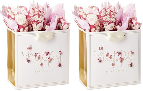 Image of Hallmark Signature 7 inch Medium Birthday Gift Bag with Tissue Paper (Pink Flowers), (Pack of 2)