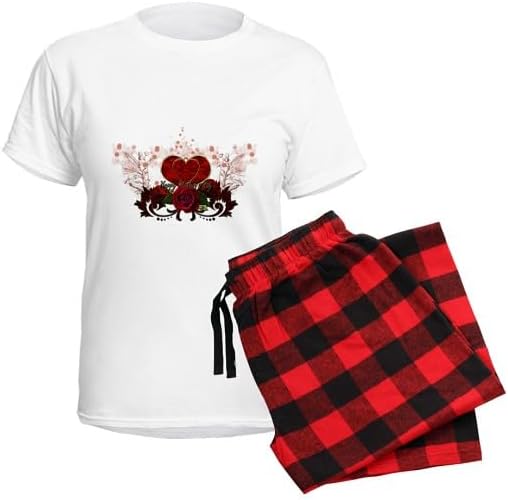 CafePress Happy Mother's Day with Heart and Roses Pajama Women's Novelty Cotton Pajama Set, Comfortable PJ Sleepwear