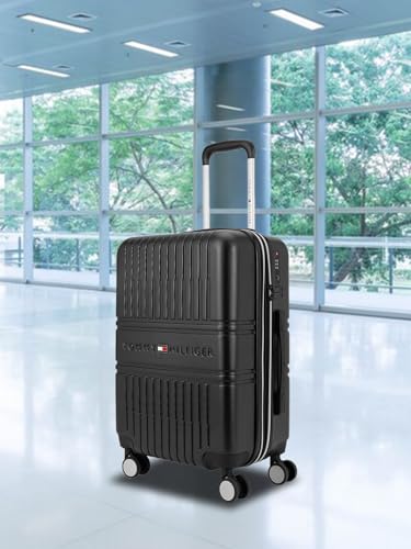 Image of Tommy Hilfiger Stanford Small Check-in Luggage | Black Hardshell Suitcase, 50L Capacity | Polycarbonate Expandable Trolley Bag with Flushed TSA Lock, 360 Spinner Wheels & Telescopic Handle | 56cm