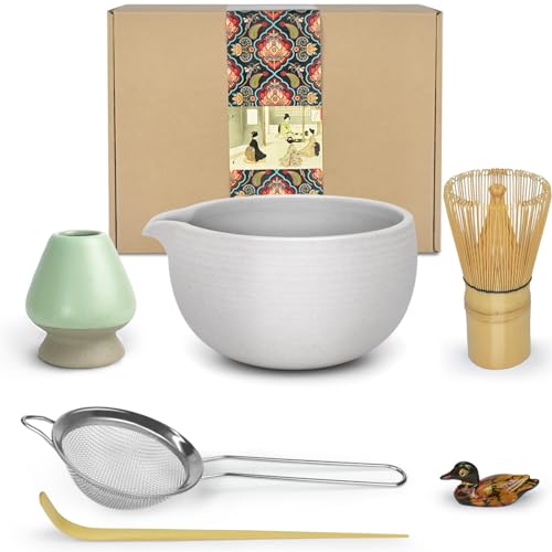 Artcome Kit de Ceremonia de Matcha Japonesa - Cuenco Con Boquilla de Vertido, Batidor, Cuchara, Colador - Juego Para Hacer Usucha, Koicha y Matcha
