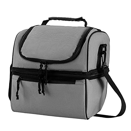 Lunchtasche mit zwei Fächern, isolierte Kühltasche zum Tragen von Lunchbox mit verstellbarem Schultergurt, wasserdicht, auslaufsicher, ideal für Arbeit, Schule, Camping, 26 x 21 x 28 cm (grau) Cover