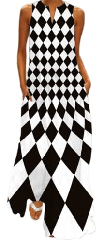 Ocean Plus Damen V-Ausschnitt mit Taschen Große Schaukel Ärmelloser Langer Rock Vintage Blumendruck Kleid (XXL, Schwarz-weiß Karo)