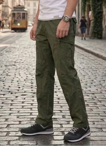 Image of Men's Cotton Cargo Pants |Bottom with 6 Pockets & Drawstring Waist | Breathable Lower with 6 Pockets & Drawstring Elastic Waistband | Casual Bottoms Travel Outdoor
