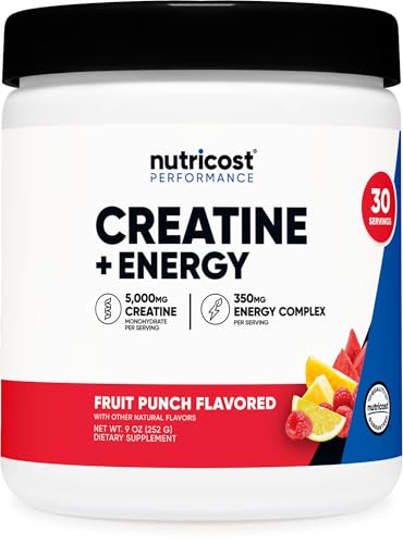 Nutricost Creatine + Energy 30 Servings (Fruit Punch Flavored) - 5,000mg Creatine Monohydrate + 350mg Energy Complex Per Serving