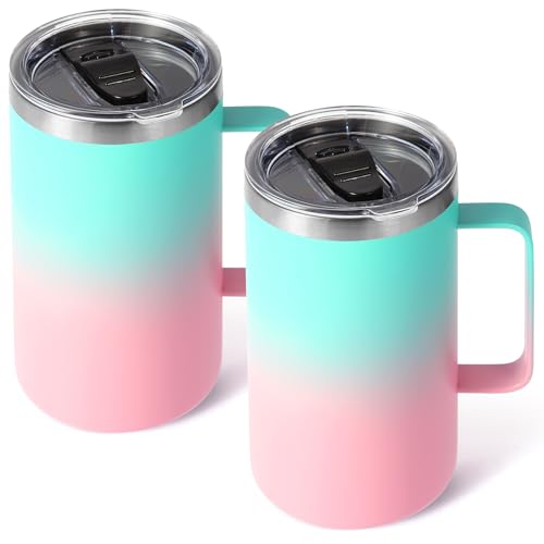 Volhoply 22oz Insulated Stainless Steel Coffee Mugs with Leakproof Lid Bulk 2 Pack,Double Wall Vacuum Travel Coffee Cup with Handle,Reusable Metal Tumbler,Camping Mug Keep Hot&Cold(Green Pink,2)