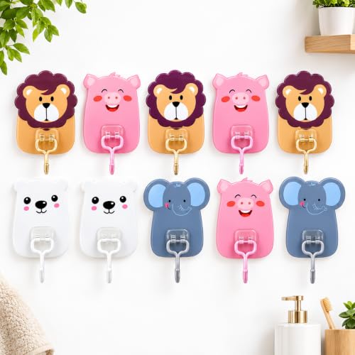 Image of Wall Mounted Cartoon Hooks 10Pc - Self-Adhesive, Cute Kid-Friendly Animal Design, Heavy Duty Multipurpose Sticky Hangers for Nursery, Kids Room, Bathroom & Kitchen