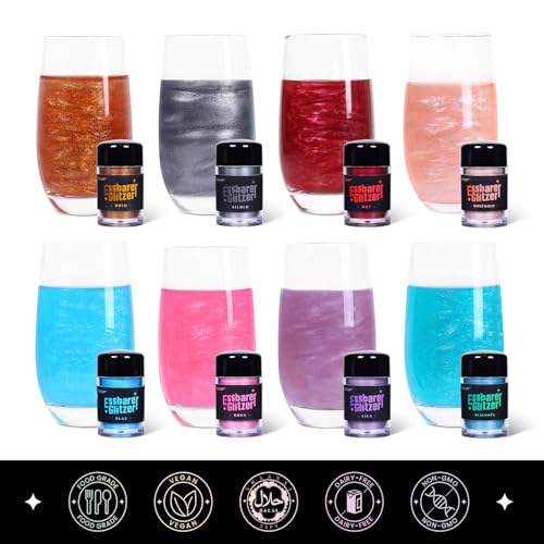 Essbarer Glitzer Set - 8 Farben Essbares Glitzer für Getränke, Glitzerpulver für Torten, Cocktails, Erdbeeren, Schokolade, 100% lebensmittelechtes Streusel Glitzerpulver (5g/Flasche)