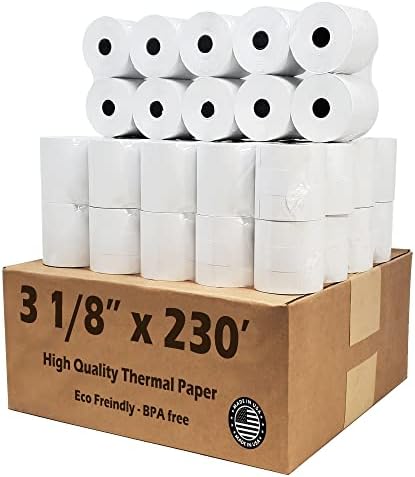 Thermal Paper Rolls 3 1/8 x 230 - American Made: [50/pack] BPA Free 48 GSM Solid Tube Core CC Receipt paper for POS terminals Cash Registers Clover Stations SCP700 TSP100 TSP300 TSP400 TSP500 TSP600