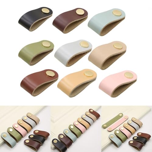Juego de 6 tiradores de cuero para muebles para armarios, cajones y puertas (gris)