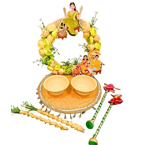 2‑in‑1 Haldi Mehndi Ceremony Platter Set | Wedding Haldi & Mehndi Thali Combo with Bowls, Sticks & Floral Decor | Traditional Indian Ritual Tray for Weddings, Baby Shower & Festive Pooja (10 pcs)