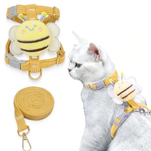 Harnais Chat Petit Chien Laisse Harnais Chaton Réglable Collier Harnai Chat Refléchissant Gilet Respirant pour Lapin, Chat Européen,Beau Maine Coon, Persan,forme d'abeille jaune