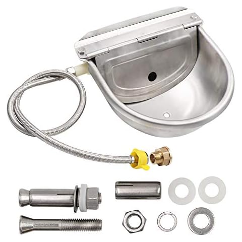 Stainless Steel Waterer Bowl with Drain Plug, Connector, Braided Hose, Mounting Screws and Scupper, Automatic Float Ball Valve Water Trough for Horse Dog Cattle Goat Sheep Pig Cover