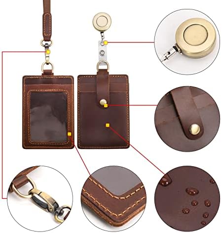 Wonderpool ID Badge Holder Genuine Leather Card Slots Case with Detachable Neck Lanyard and Retractable Badge Reel for Office School Hospital Exhibition ID & Driver Licence (Coffee)