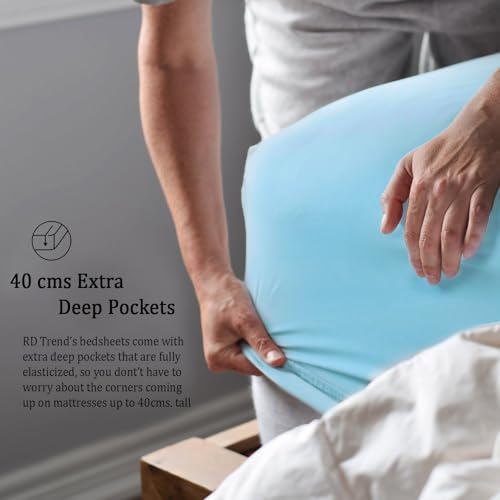Image of RD TREND Satin Solid Fitted Bedsheets Queen Size 78x60x10 Inch, Elastic Bedsheets for Queen Size Bed with 2 Pillow Covers-18x28 Inch (Aqua), 400 TC