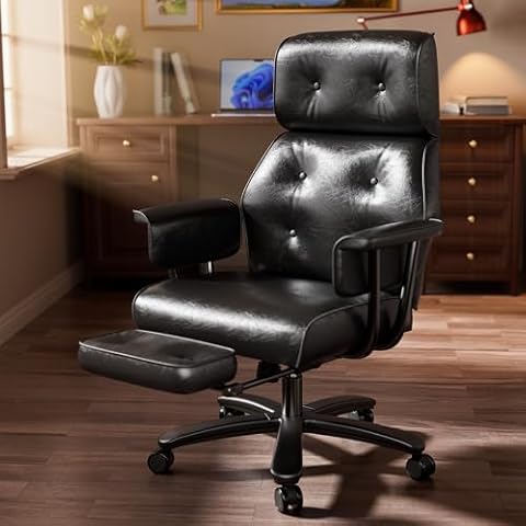 SeekFancy Reclining Office Chair with Footrest, Big and Tall Office Chair 400lbs Wide Seat, Leather High Back Executive Office Chair, Ergonomic Vintage Desk Chair, Heavy Duty Black Computer Chair Cover