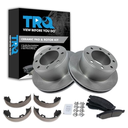 Image of TRQ Rear Brake Pad & Rotor Kit Parking Brake Shoe Set Ceramic Compatible with 2011-2012 Ford F-250 Super Duty F-350 Super Duty