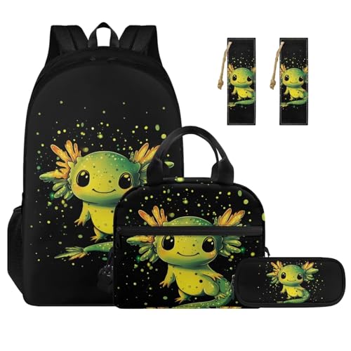 Ystardream Elementary Backpack and Lunch Bag Set for Boys Green Axolotl Backpack with Side Pockets for Water Bottles Girls Cartoon Animal Print Pencil Case & Bookmark 4 PCS School Supplies
