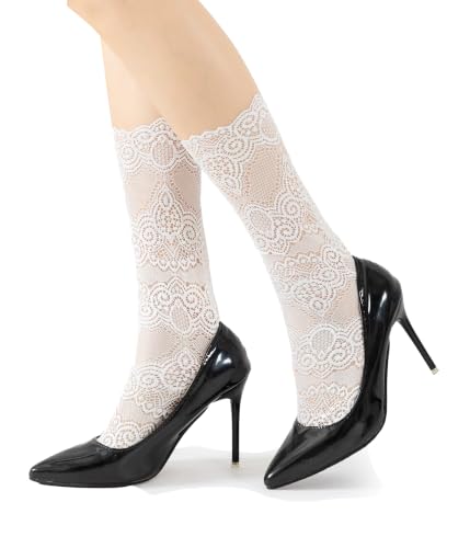Image of Womens Lace Cotton Socks Transparent Mesh Ruffle Dress Calf Socks