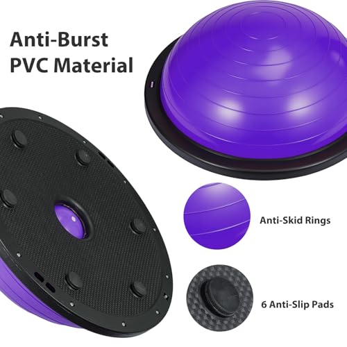 GROWNEER Balance Ball Board Inflatable Air Dome With Resistance Bands and Pump, Women Exercise Balance Trainer for Home Gym Workout Fitness Anti-slip Half Yoga Ball for Pilates (Purple) - Image 3