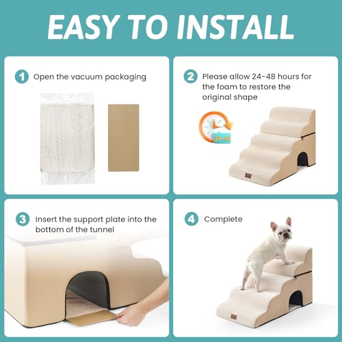 Image of COZY KISS Dog Stairs,with condo,22.4 inch H 5 Steps for Bed,Beige | 5-step dog stairs for Old Cats, Puppy, Small Dogs,Non-Slip Base,for Couch & Bed, 17.7x33x22.4
