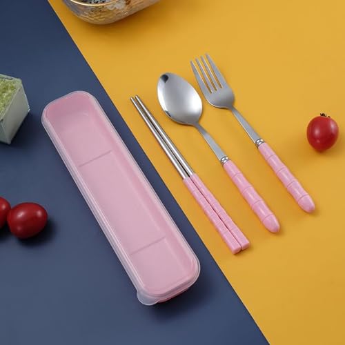 Image of INOVERA (LABEL) 3 Pieces Cutlery Set of Spoon, Fork, Chopsticks - Reusable Tableware Cutleries with Case - Dining Accessories Sets for Travel, Office, Home (Pink)